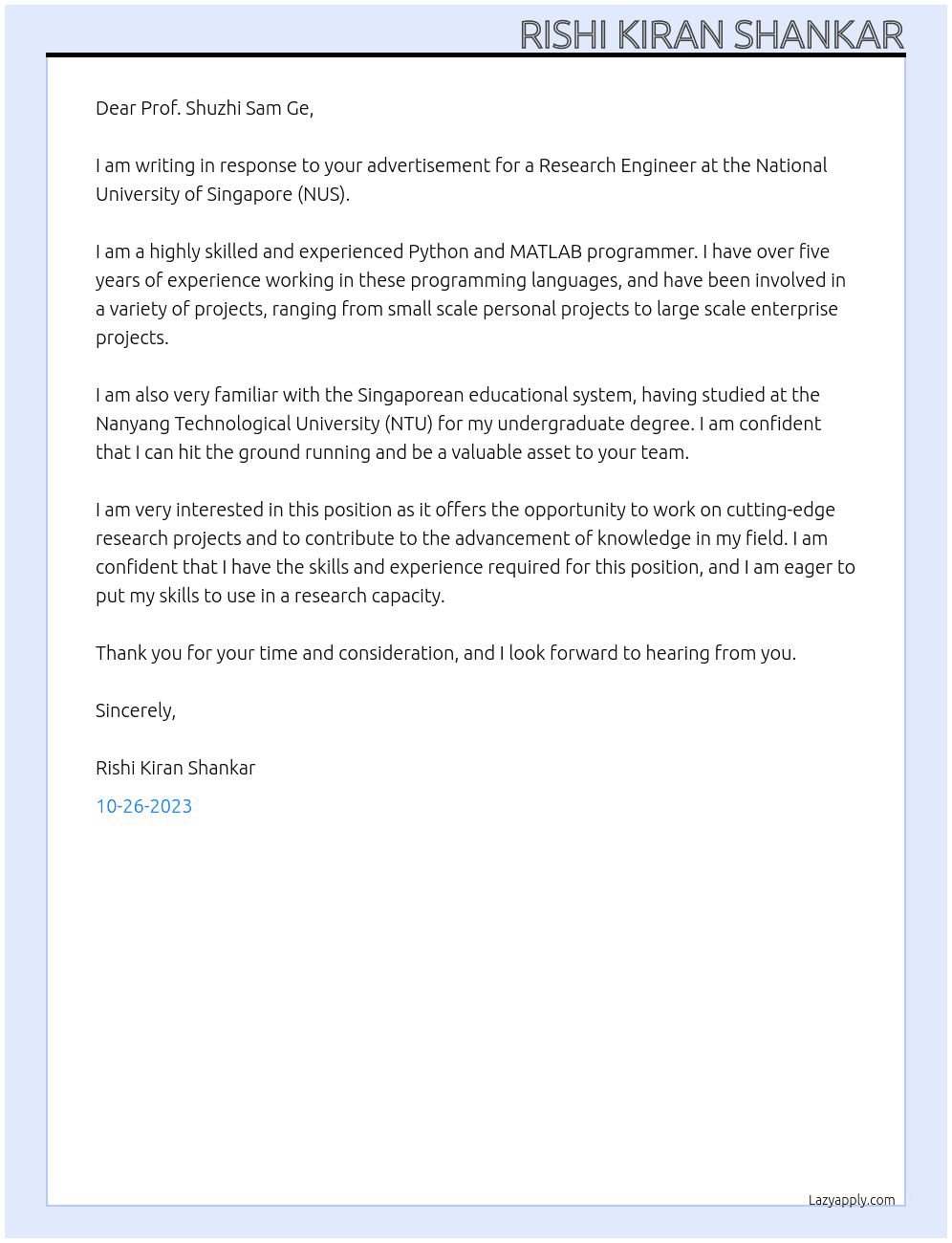Research Engineer At NUS Cover Letter