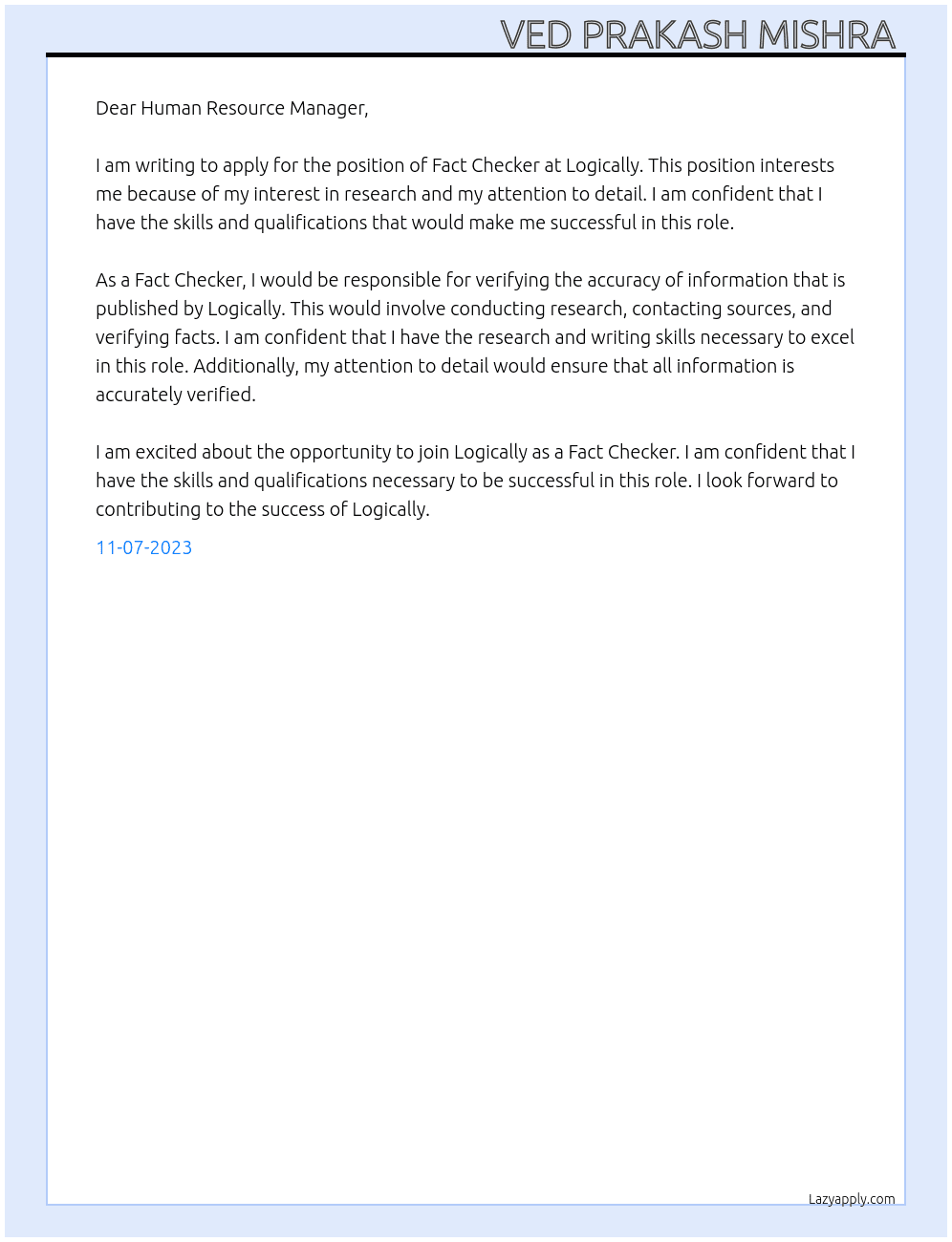 Fact Checker  At Logically  Cover Letter