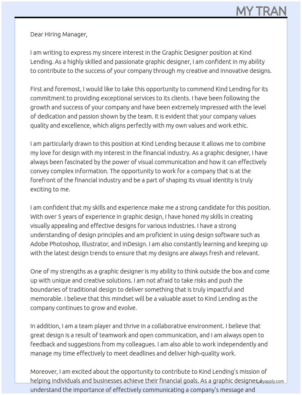 graphic designer At Kind Lending Cover Letter
