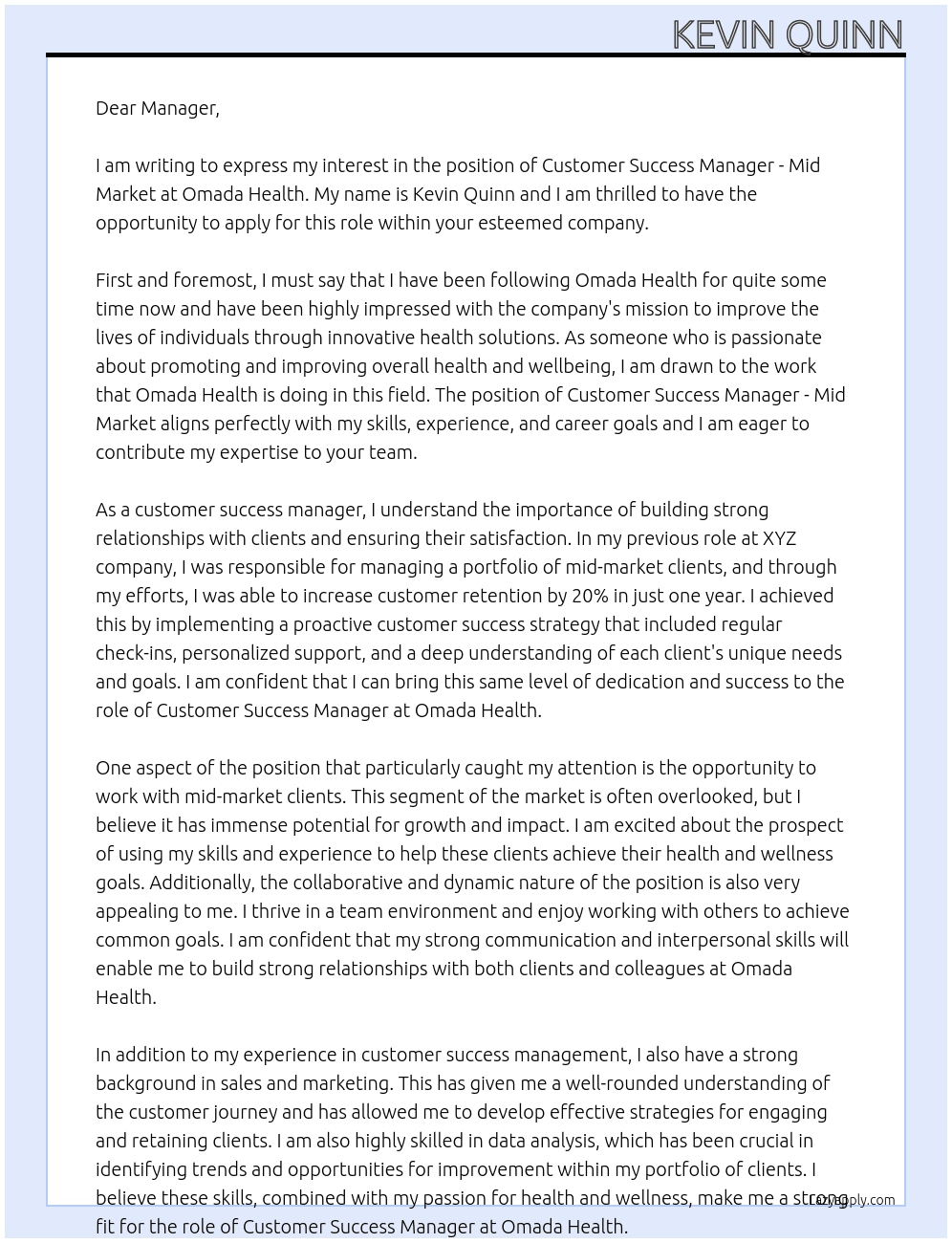 Customer Success Manager - Mid Market At Omada Health Cover Letter