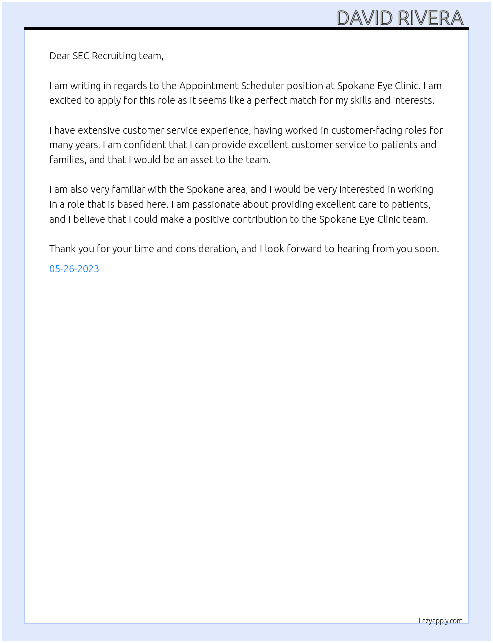 Appointment Scheduler At Spokane Eye Clinic Cover Letter