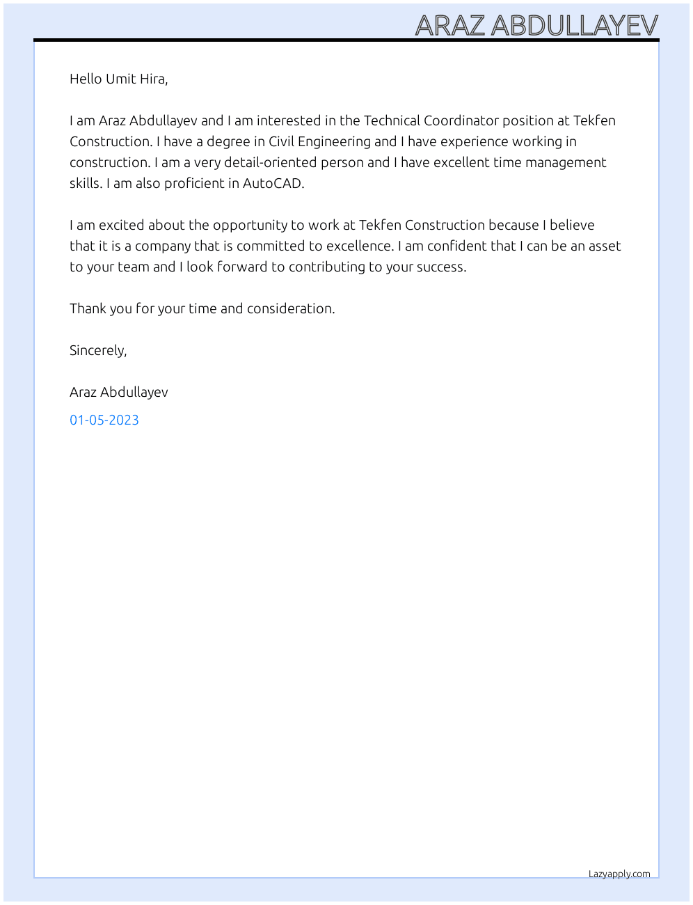 Technical Coordinator At Tekfen Construction Cover Letter