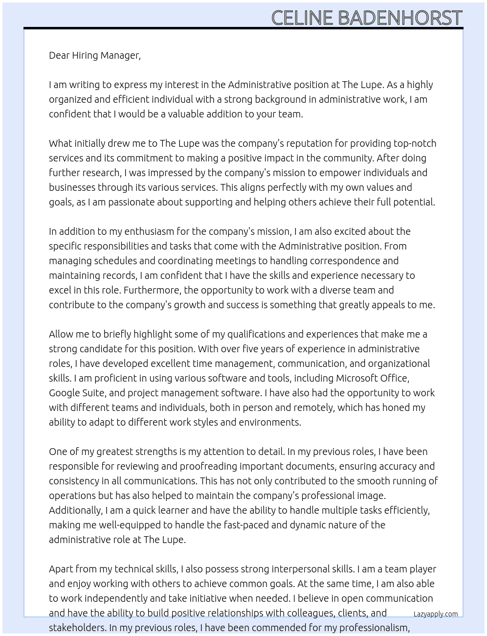 Administrative  At The Lupe Cover Letter