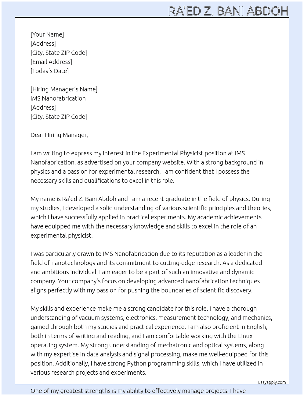Experimental physicist At IMS nanofabrication Cover Letter