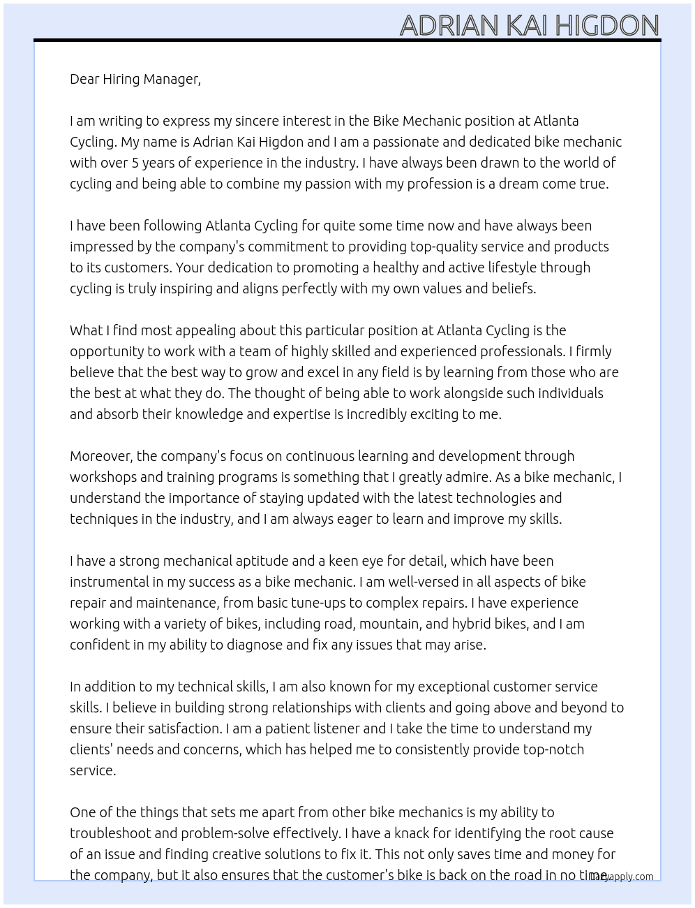 Bike mechanic At Atlanta Cycling Cover Letter