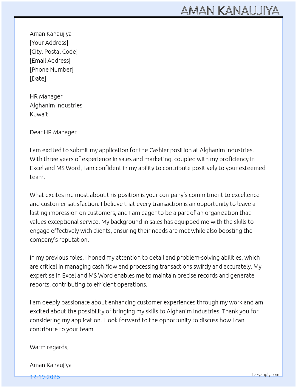 Cashier At Alghanim Industries, kuwait  Cover Letter