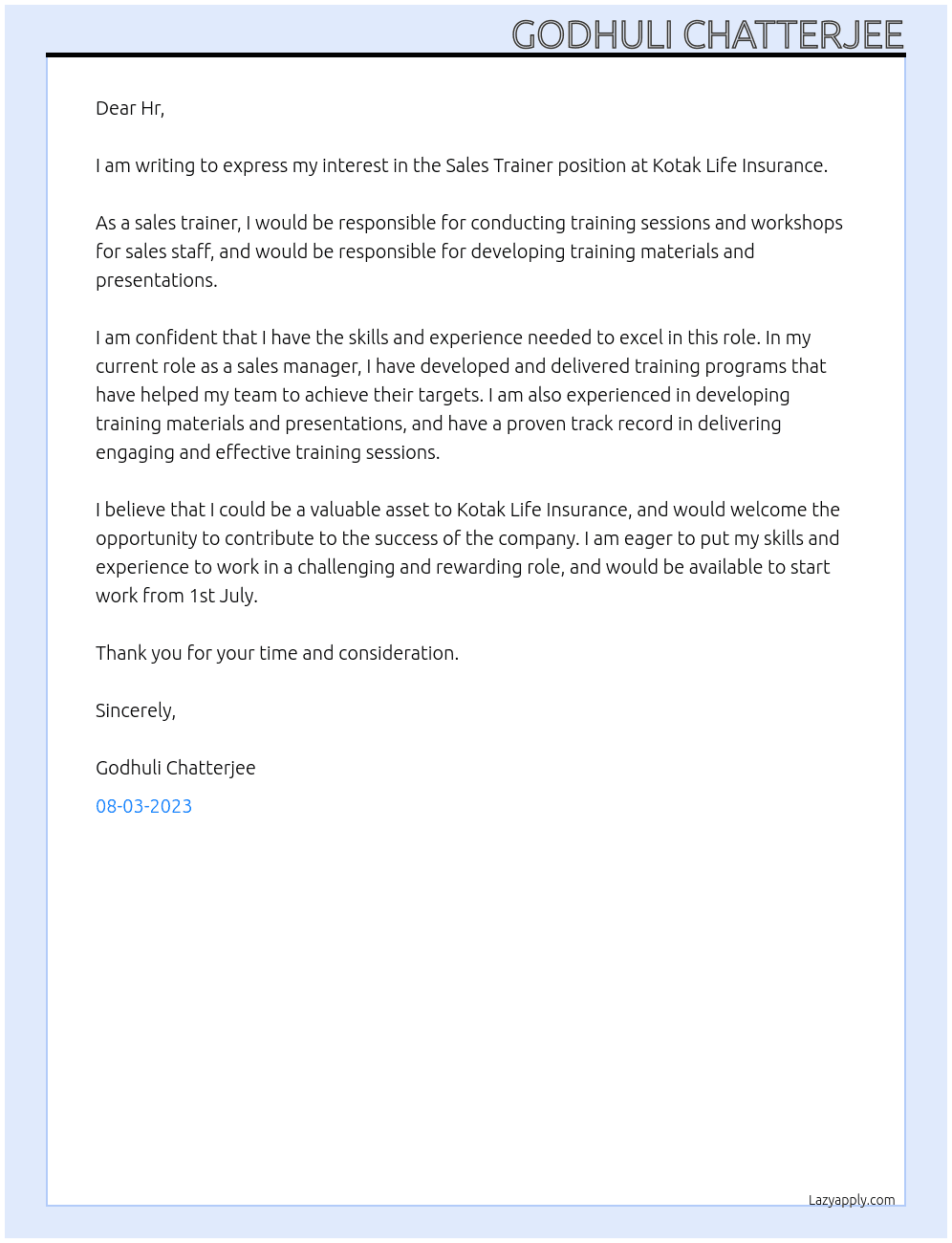 Sales Trainer At Kotak life insurance  Cover Letter