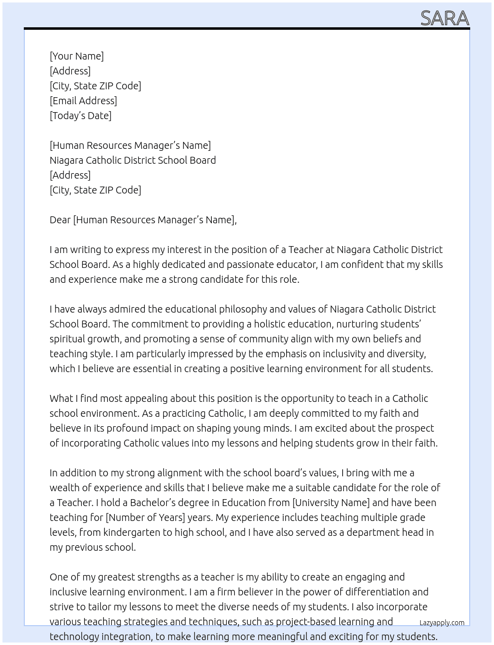 Teacher At Niagara Catholic District School Board  Cover Letter