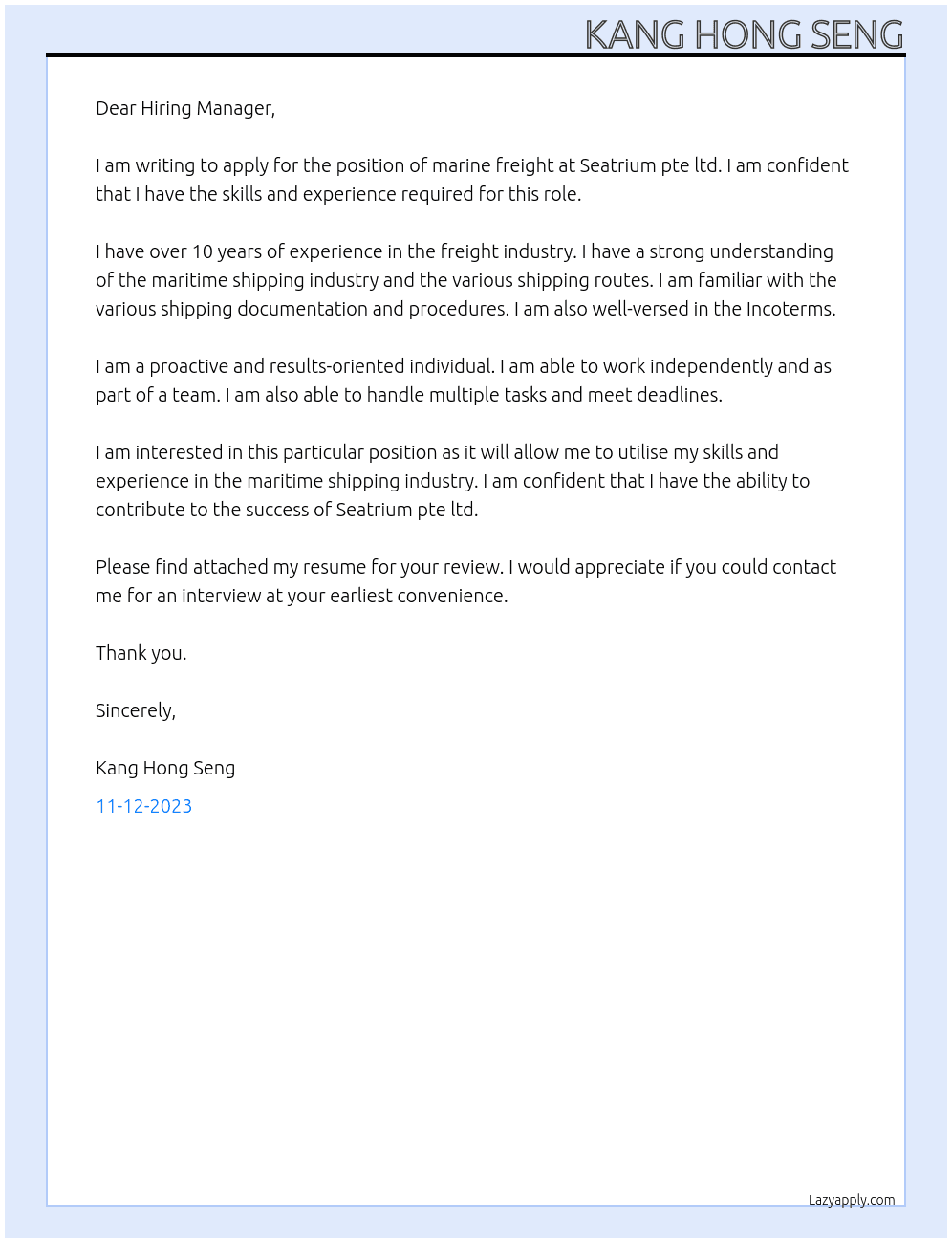 marine freight At Seatrium pte ltd Cover Letter