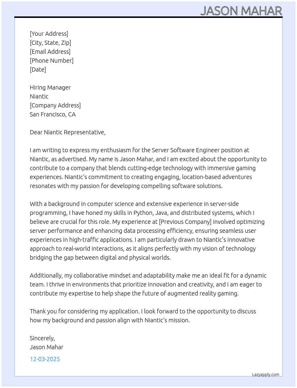 Server Software Engineer At Niantic Cover Letter