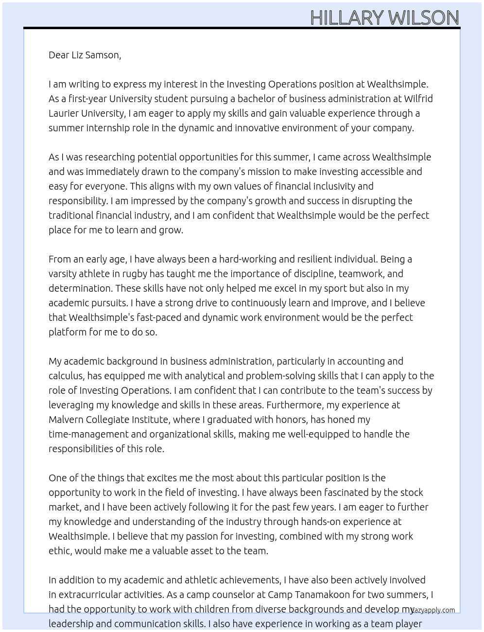 Investing Operations At Wealthsimple Cover Letter