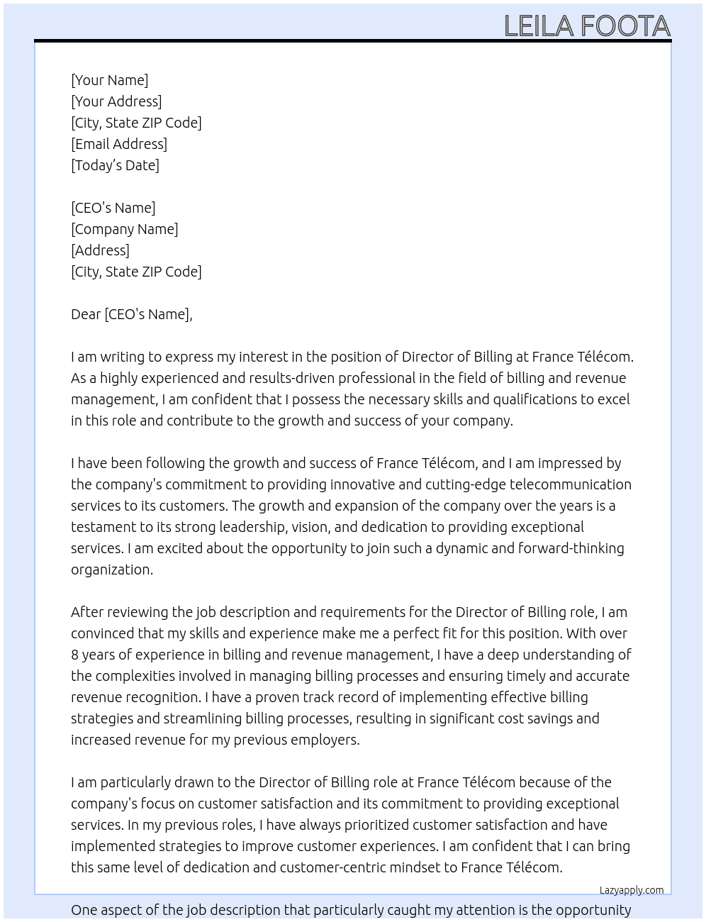 Director of Billing At France Télécom Cover Letter