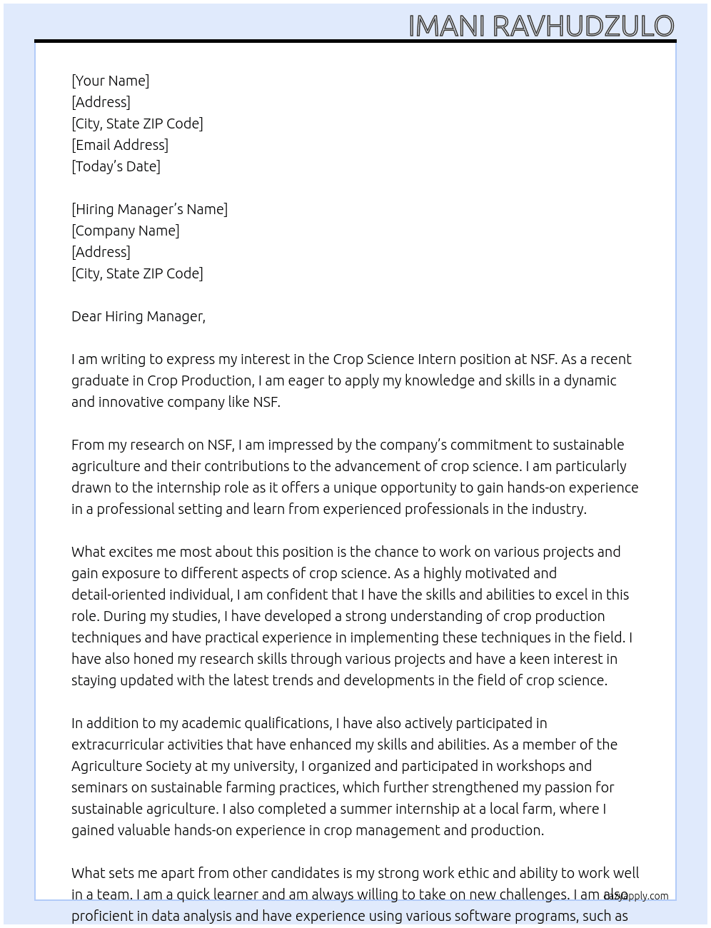 crop science intern  At NSF Cover Letter