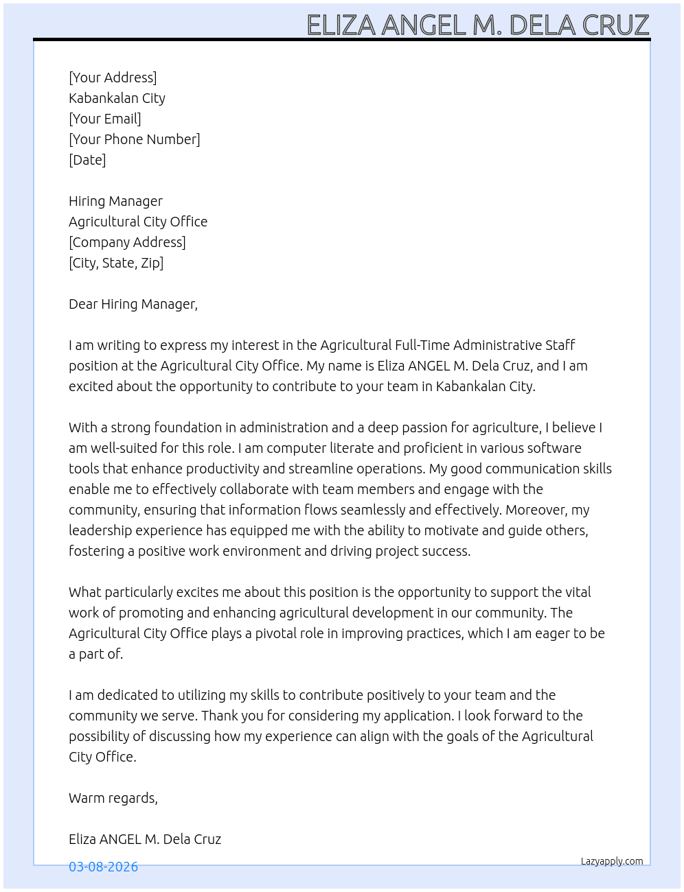 AGRICULTURAL  At AGRICULTURAL city office Cover Letter
