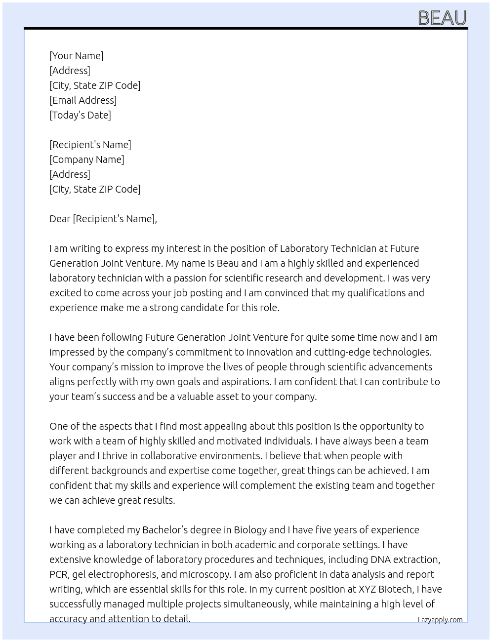 Laboratory Technician  At Future Generation Joint Venture Cover Letter