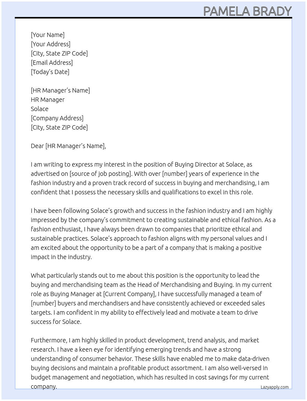 Buying Director At Solace  Cover Letter