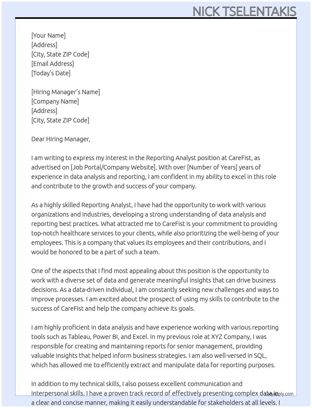 Reporting Analyst At CareFist Cover Letter