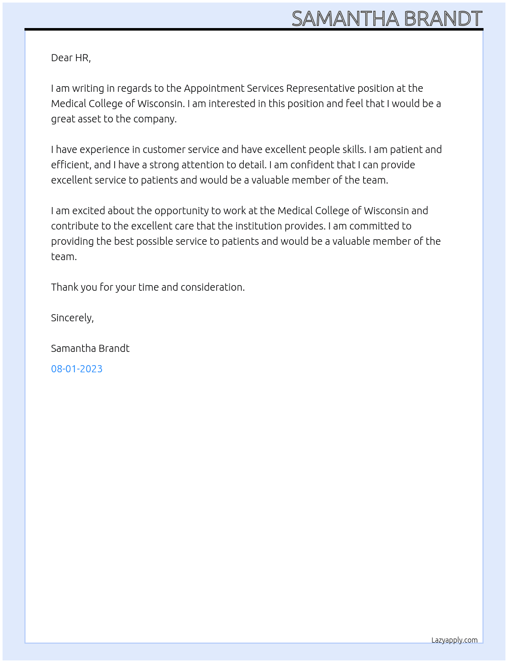 Appointment Services Representative At Medical College of Wisconsin Cover Letter