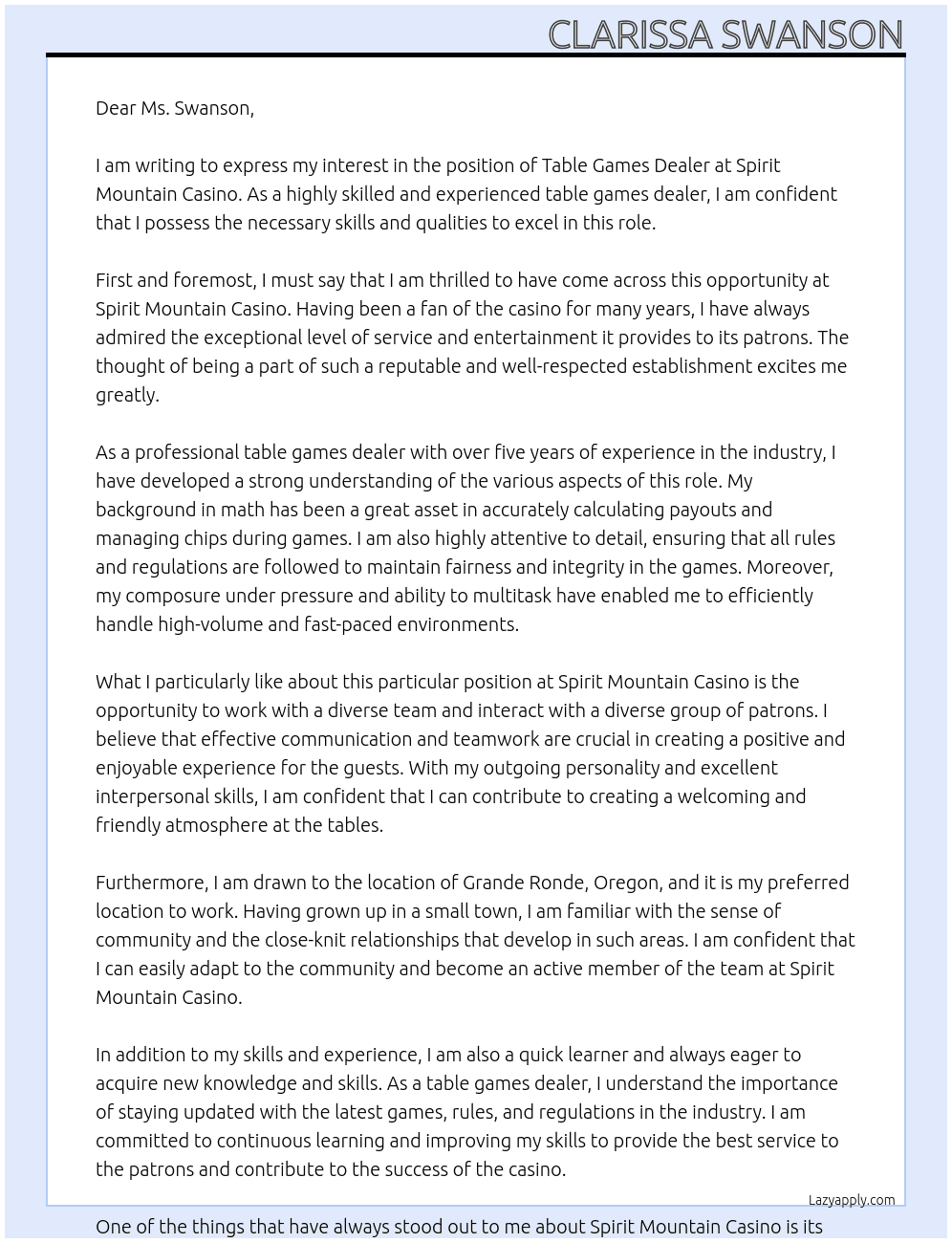 table games dealer At spirit mountain casino Cover Letter