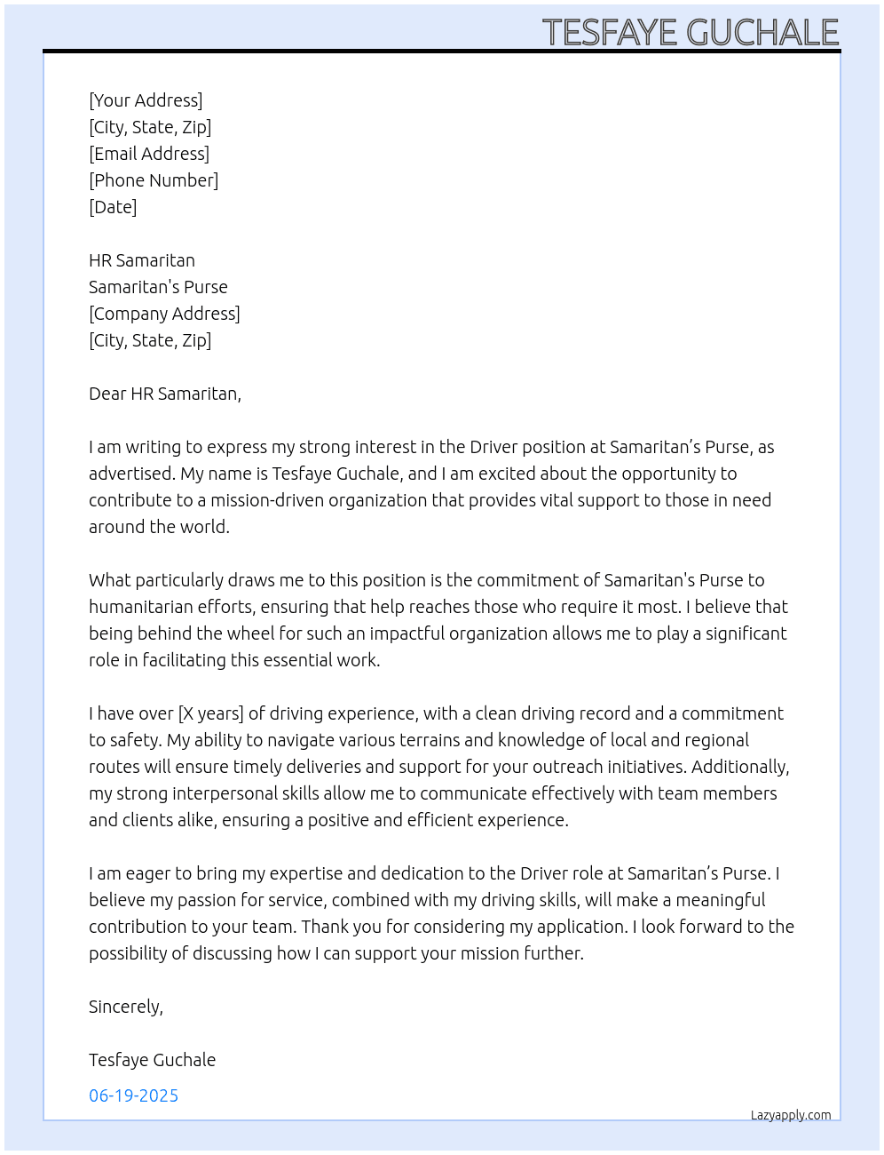 Driver  At Samaritan Purse Cover Letter