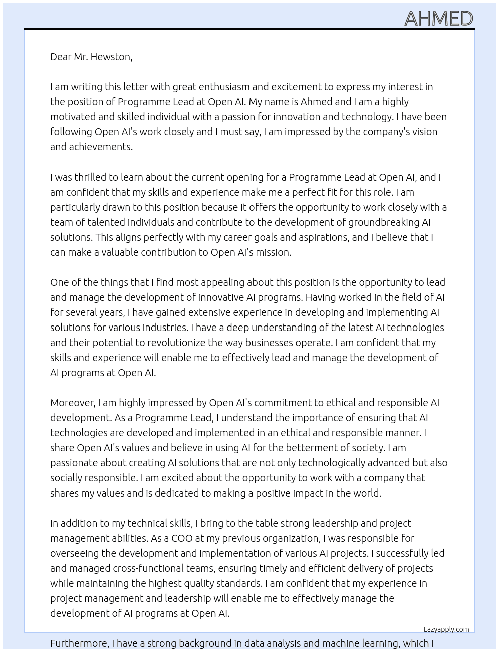 Programme Lead At Open AI Cover Letter