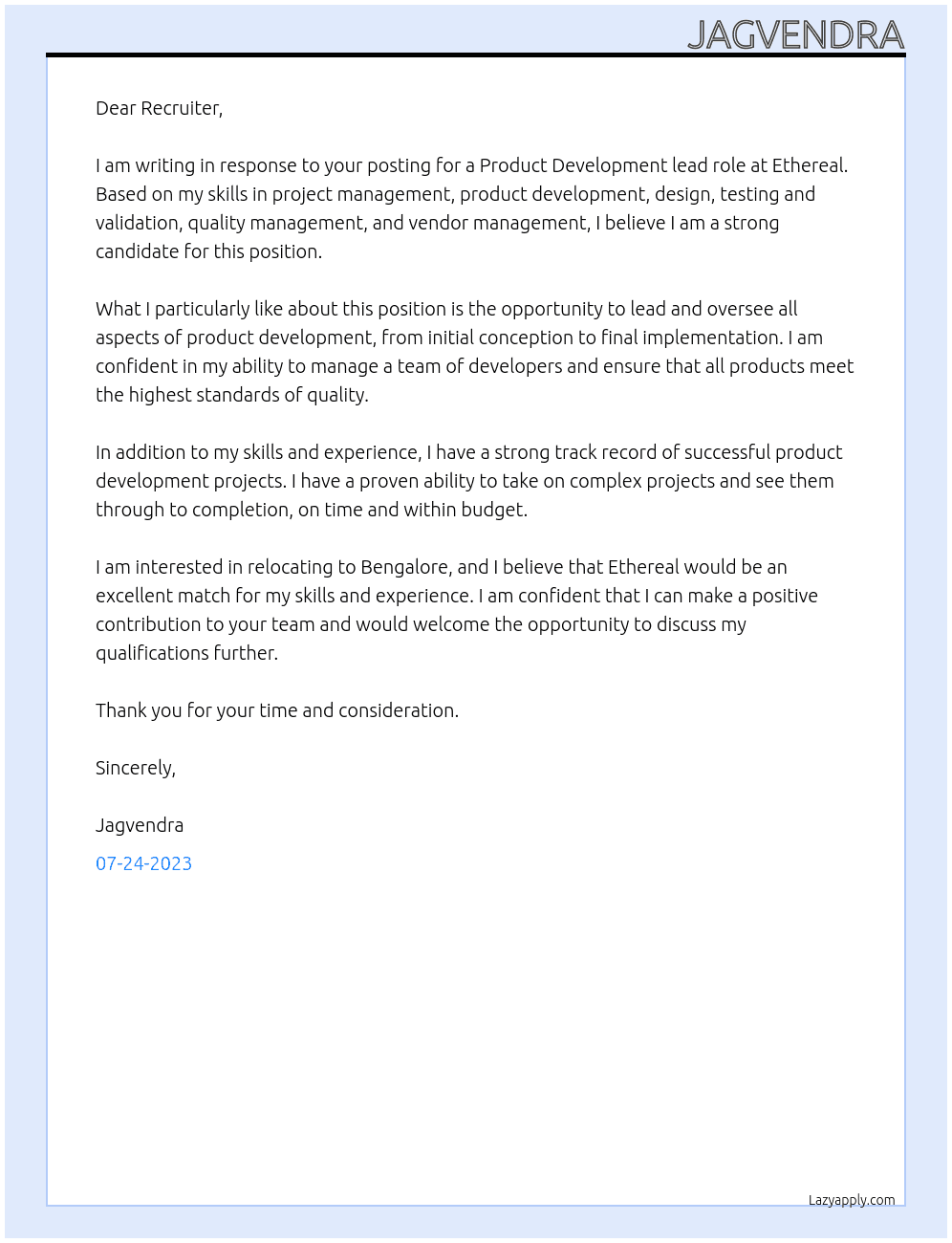 Product Development At Ethereal Cover Letter