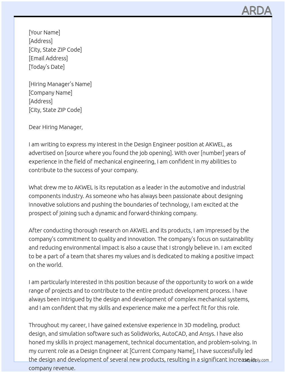 Design Engineer At AKWEL Cover Letter