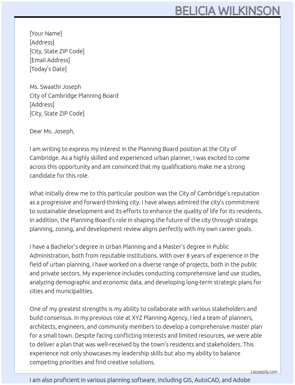 Planning Board At City of Cambridge Planning Board Cover Letter