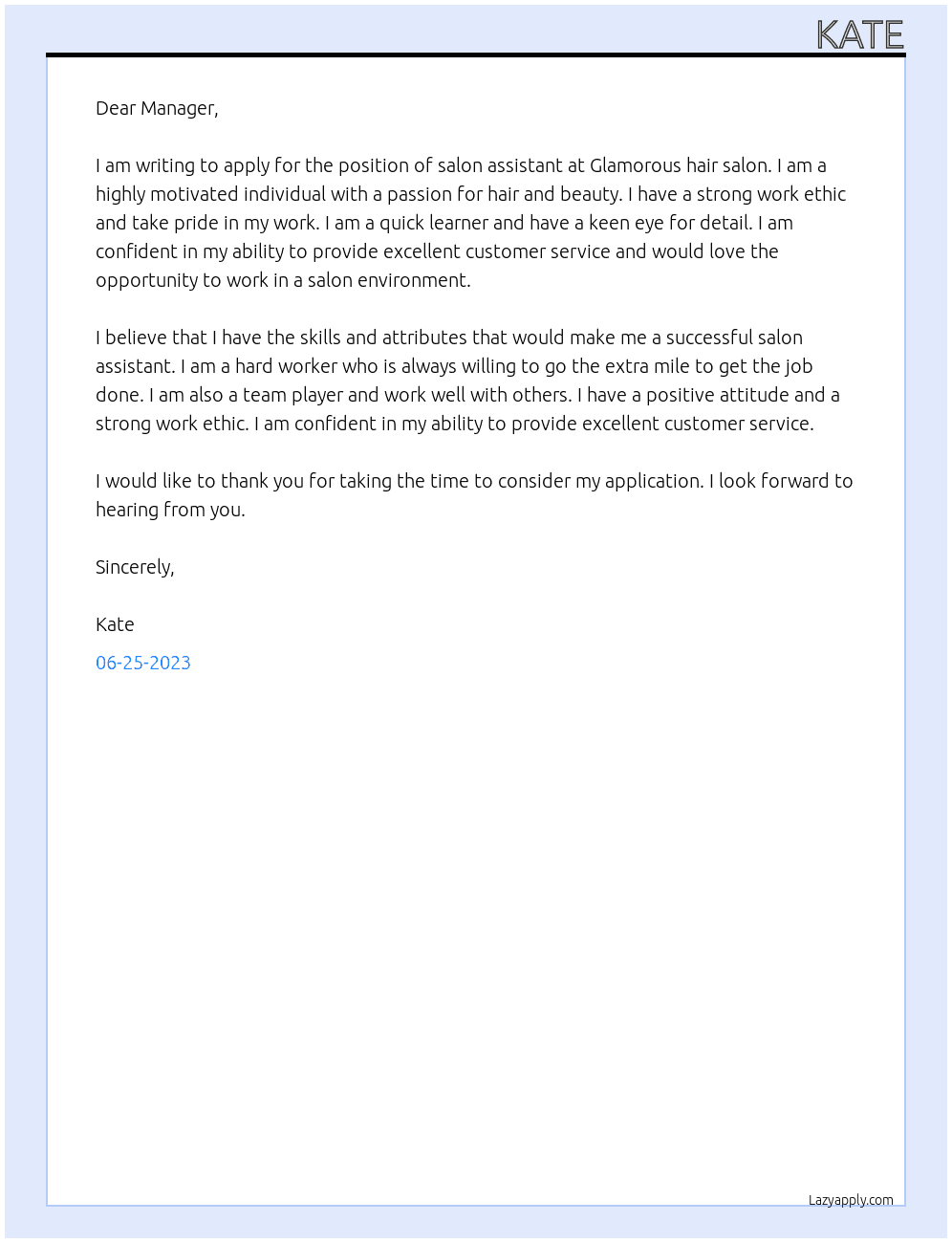 Salon assistant  At Glamorous hair salon   Cover Letter