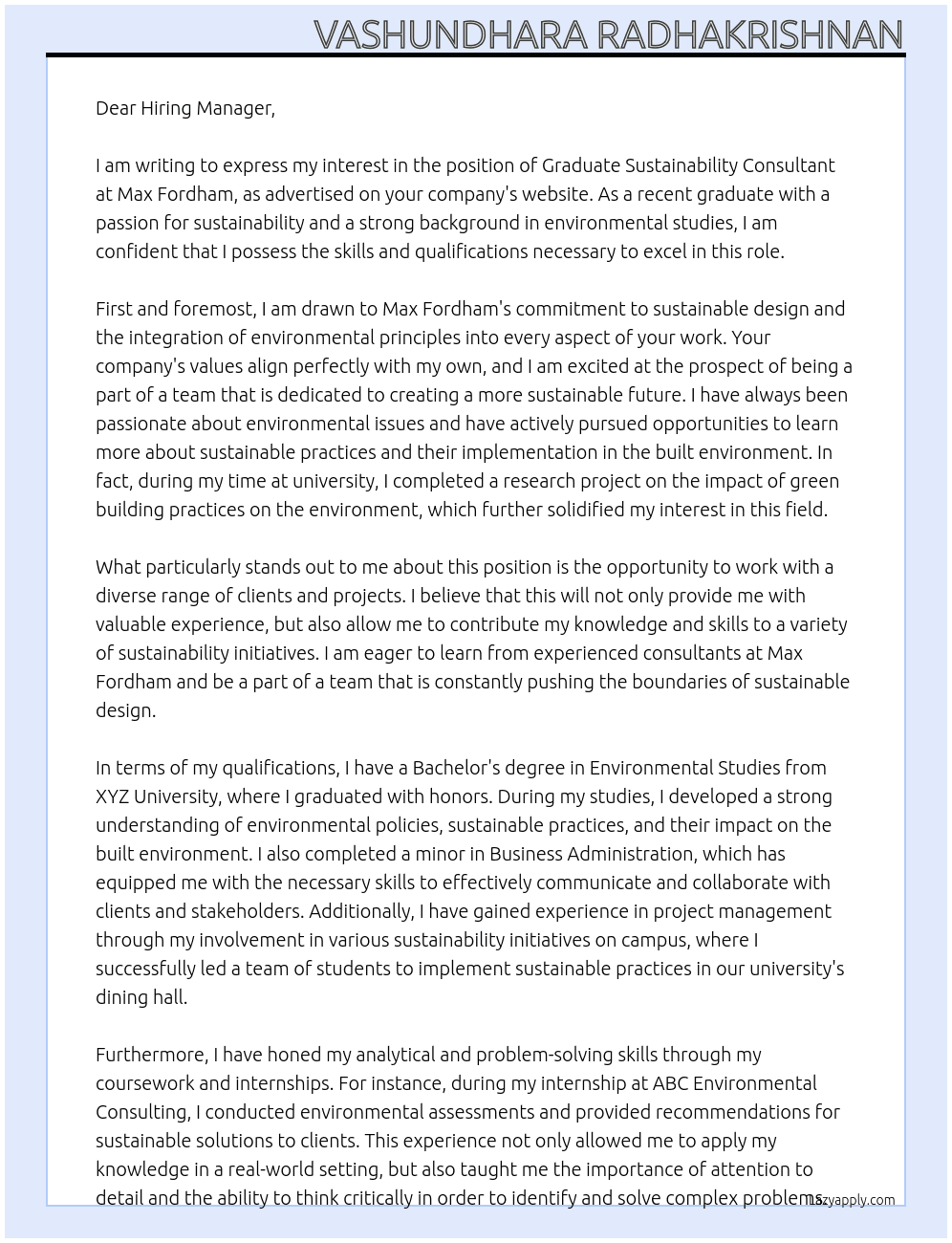 graduate sustainability consultant At Max Fordham Cover Letter