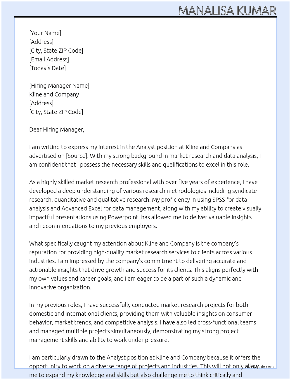 Analyst At Kline and Company  Cover Letter