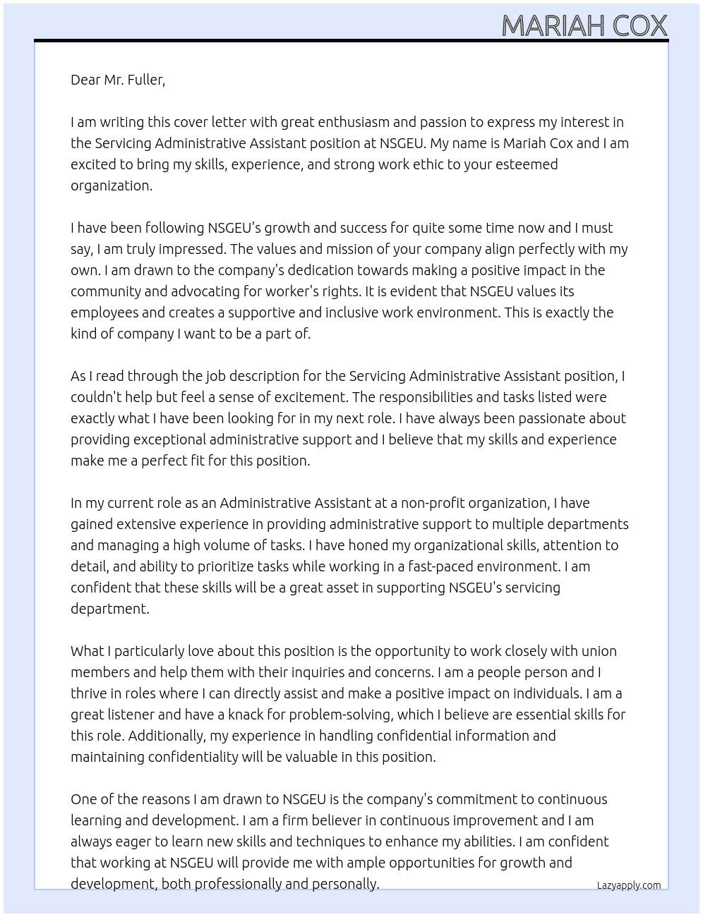 Servicing Administrative Assistant At NSGEU Cover Letter