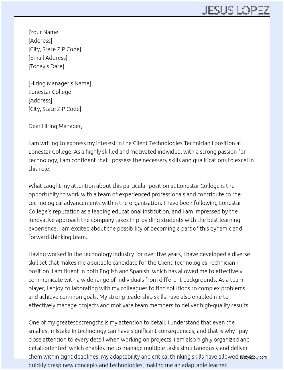 Client Technologies Technician I At Lonestar College Cover Letter