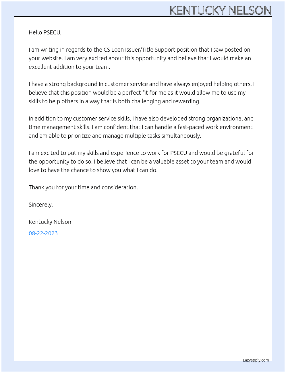 CS Loan Issuer/Title Support At PSECU Cover Letter