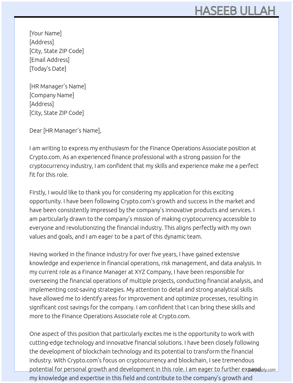 Finance operations associate  At Crypto.com Cover Letter