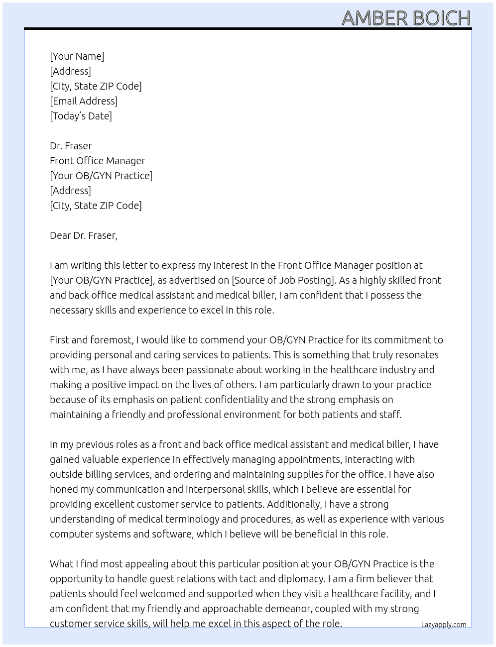 Front Office Manager At your OB/GYN Practice Cover Letter