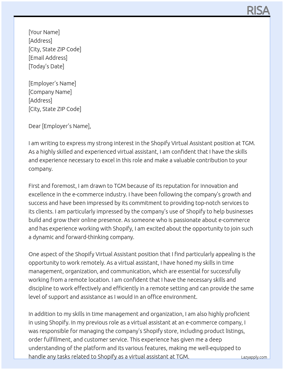Shopify Virtual Assistant At TGM Cover Letter