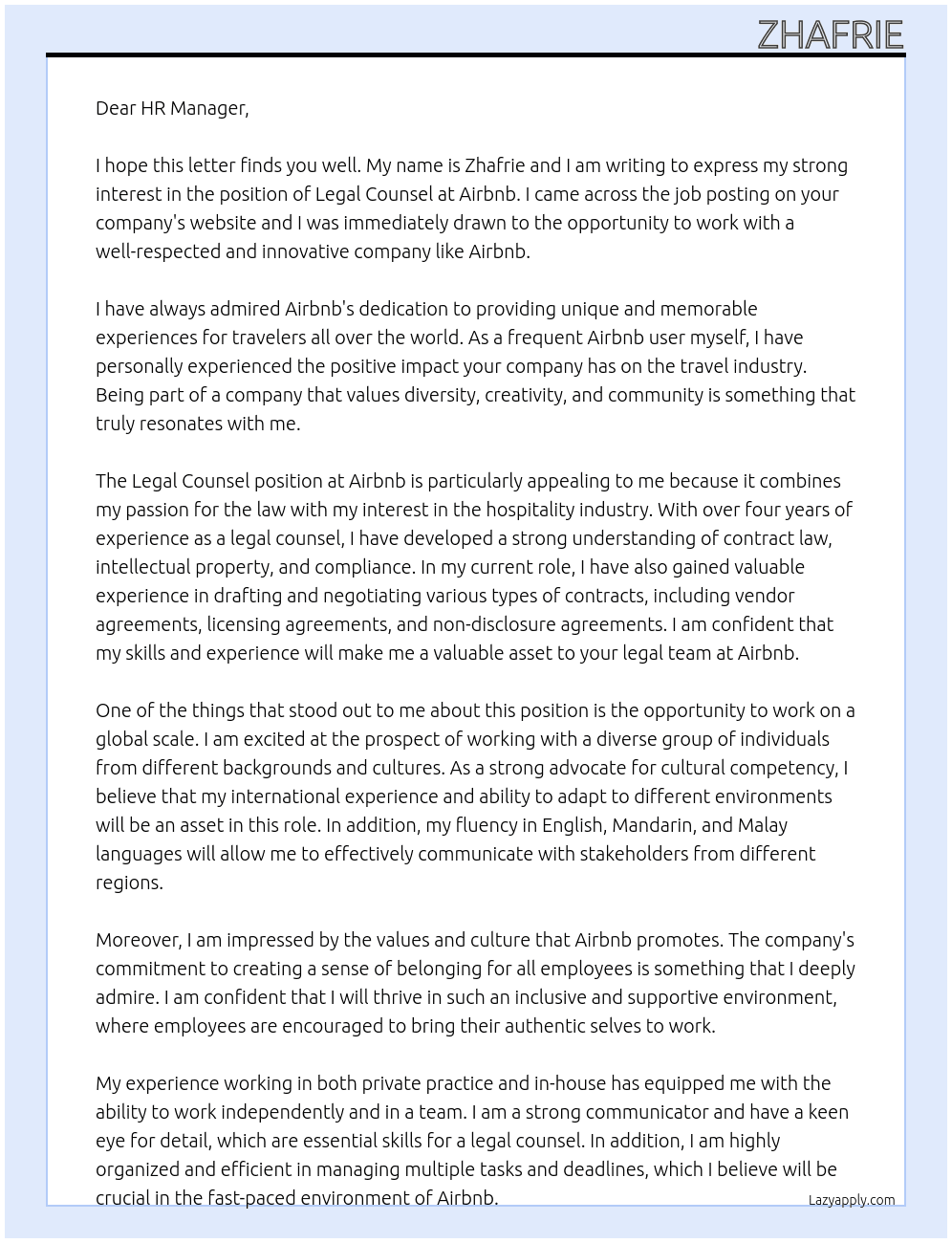 Legal Counsel At Airbnb Cover Letter
