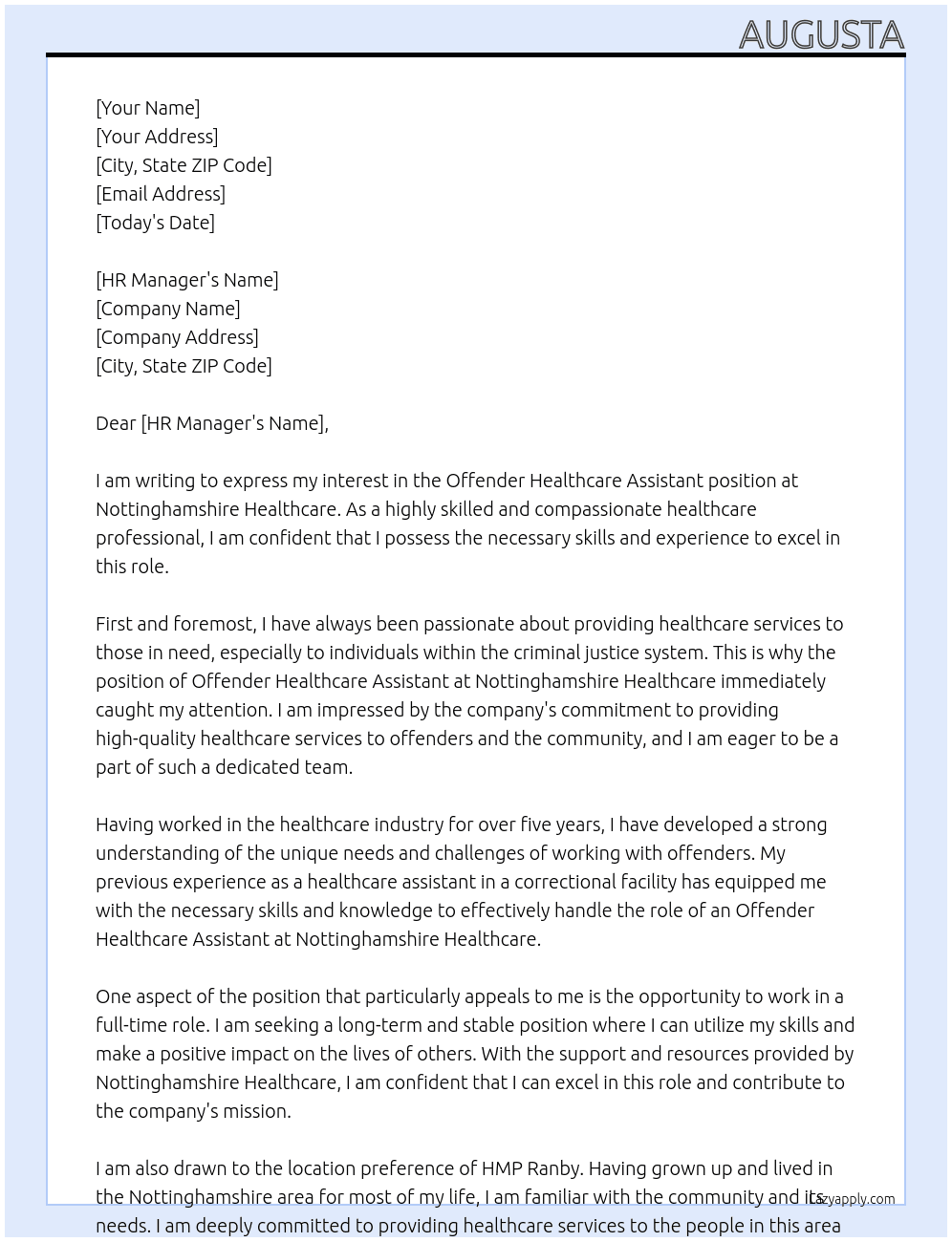 Cover letter for offender healthcare assistant - LazyApply