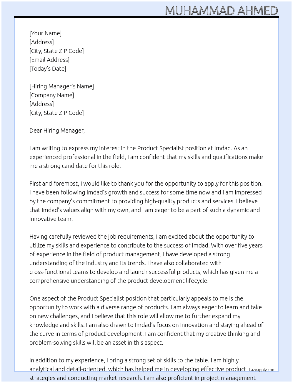 Product Specialist  At imdad Cover Letter