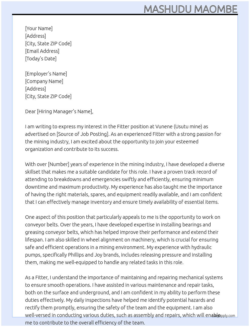 Fitter At Vunene( Usutu mine) Cover Letter