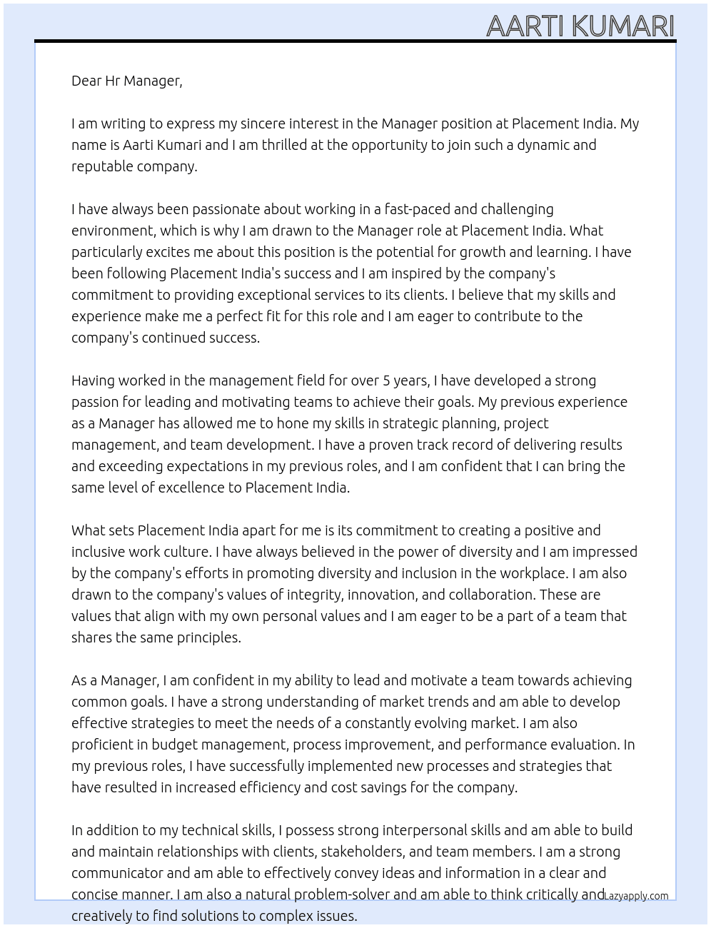 Manager  At Placement India  Cover Letter