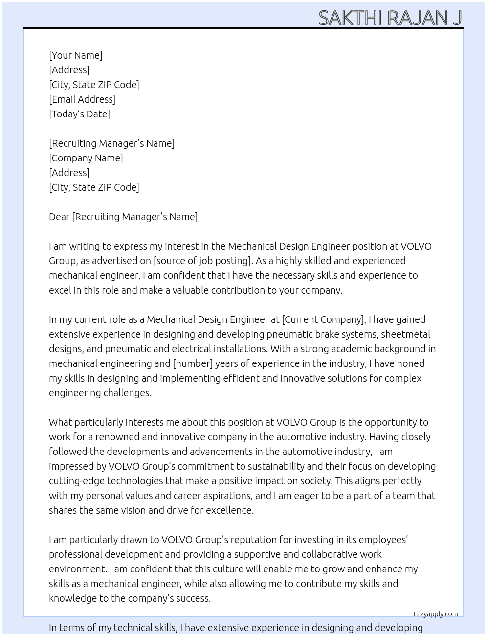Mechanical design engineer At VOLVO group Cover Letter