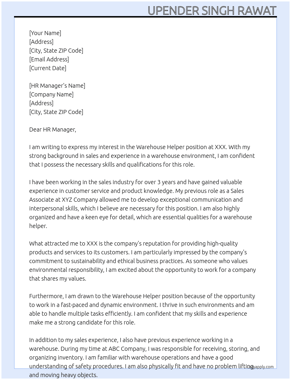 WAREHOUSE , HELPER At XXX Cover Letter