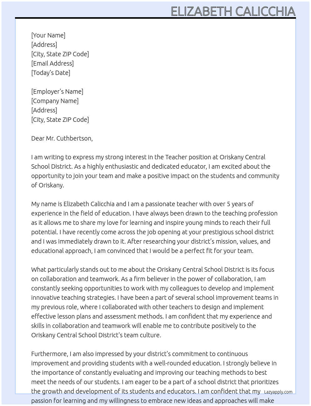 teacher At Oriskany Central School District Cover Letter