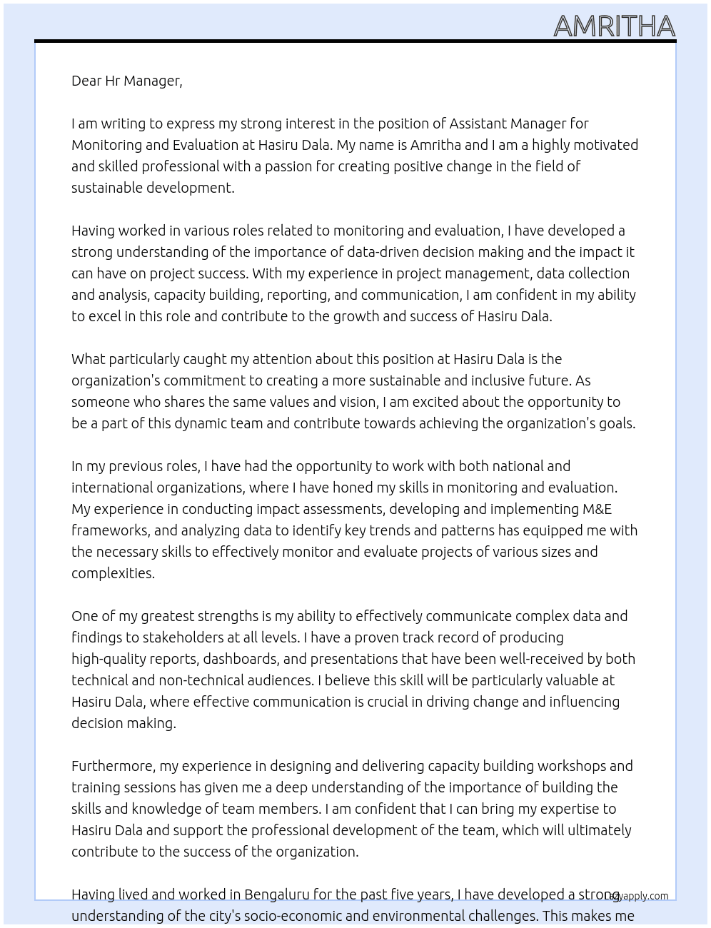 Assistant Manager for Monitoring and Evaluation At Hasiru Dala Cover Letter