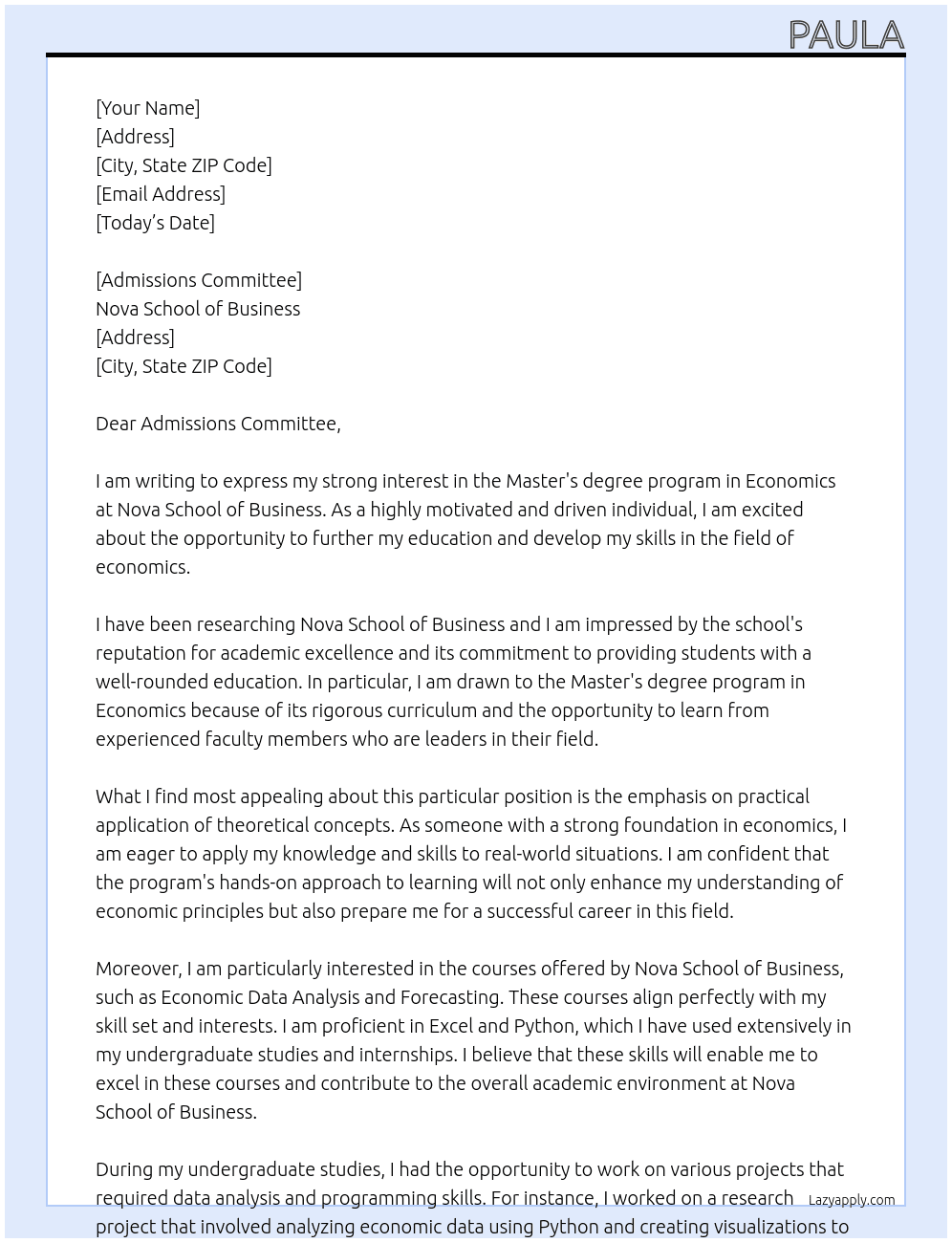 Mater's degree in Economics At Nova School of Business Cover Letter