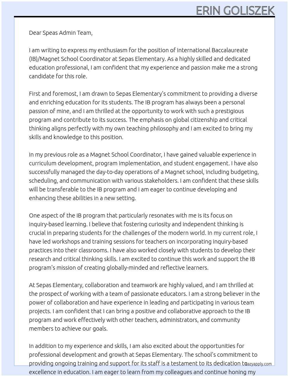 International Baccalaureate (IB)/Magnet School Coordinator At Sepas Elementary Cover Letter