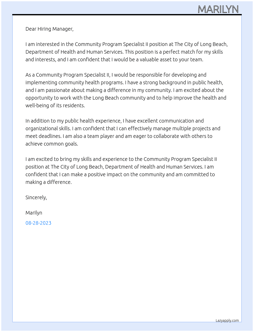 Community Program Specialist II At The City of Long Beach, Department of Health and Human Services  Cover Letter