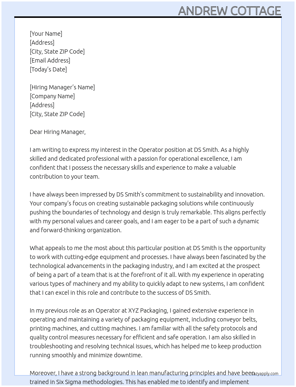 Operator At DS Smith Cover Letter